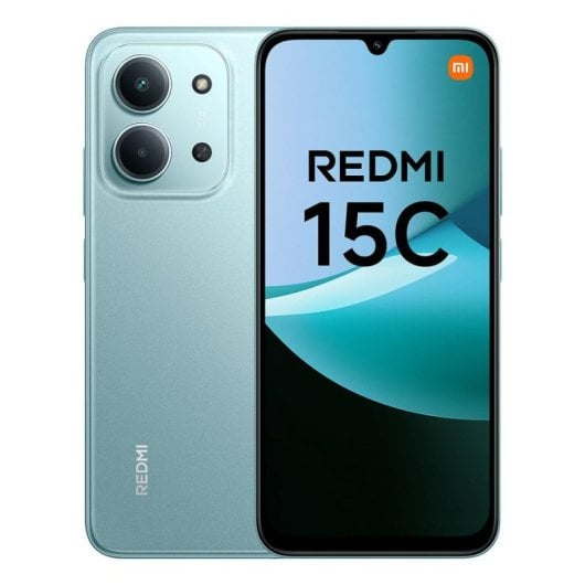 Light blue Redmi 15C smartphone shown from front and back, with dual camera and screen text.