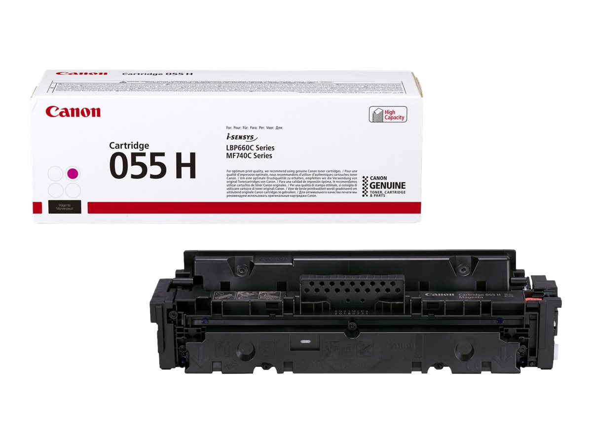 Una cartuccia toner magenta Canon 055 H bianca nella sua confezione su sfondo bianco.
