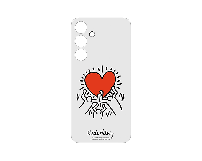 Eine weiße Handyhülle mit Keith Harings rotem Herz-Design und schwarzen Figuren.