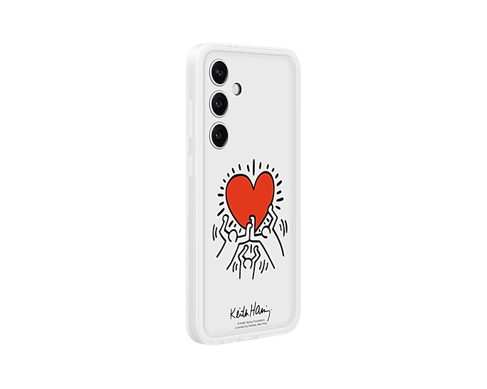 Weiße Handyhülle mit Keith-Haring-Grafik von drei Figuren, die ein rotes Herz halten.