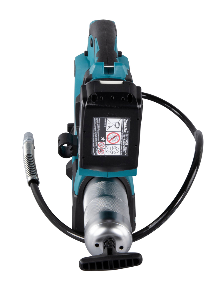 Ingrassatore a batteria Makita nei toni del verde acqua e nero con batteria e tubo su fondo bianco.