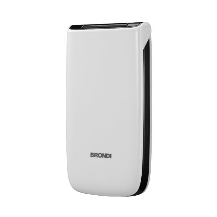 Un teléfono móvil plegable Brondi blanco cerrado con borde negro sobre fondo blanco.
