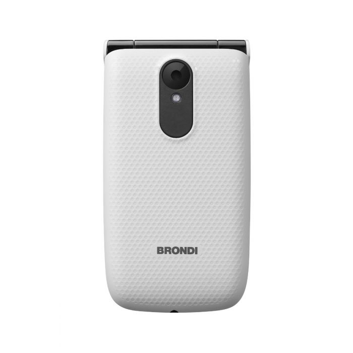 Vista trasera de teléfono plegable Brondi blanco con cámara y flash.