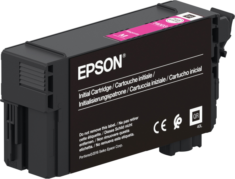 Cartucho de tinta negro de Epson con acento magenta y texto blanco sobre fondo claro.
