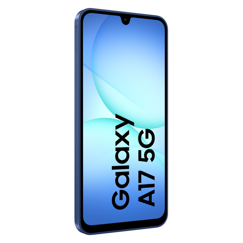 Niebieski smartfon Samsung Galaxy A17 5G wyświetla tekst Galaxy A17 5G na jasnoniebieskim ekranie.