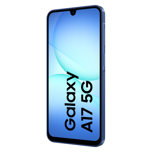 Niebieski smartfon Galaxy A17 5G z podświetlanym ekranem na czarnym tle.