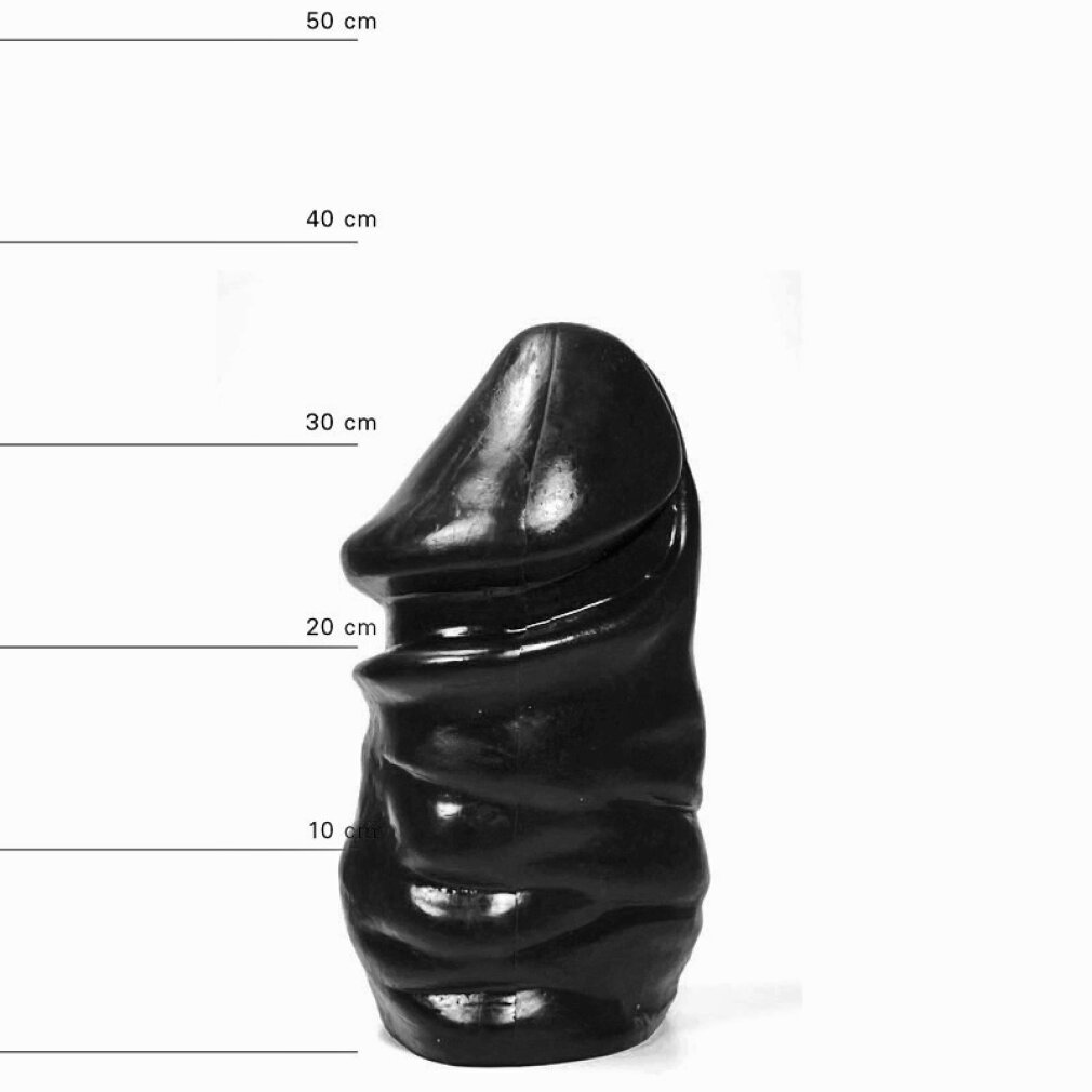 Eine schwarze, skulpturale Phallusform vor weißem Hintergrund mit Skalenlinien von 10 bis 50 cm.