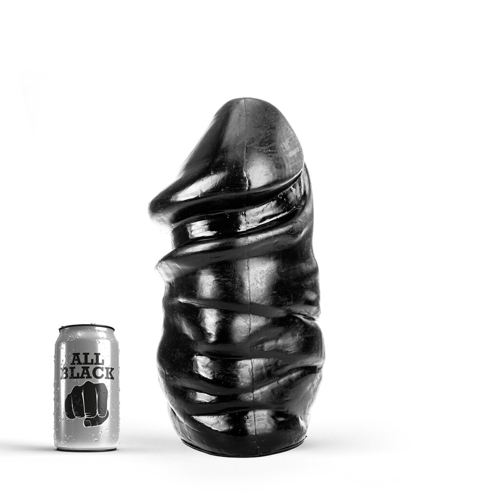Ein großes dunkles Objekt steht neben einer silbernen Dose mit Faust-Logo vor weißem Hintergrund.