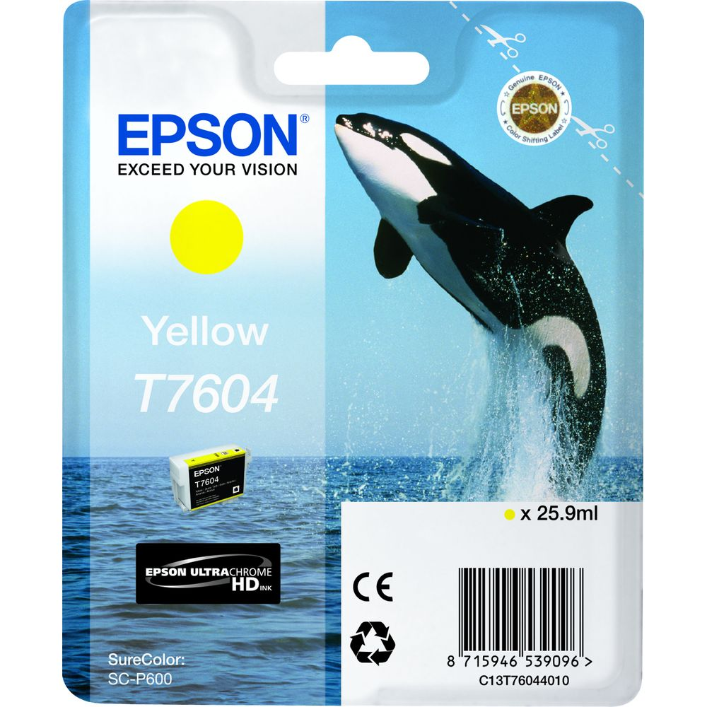 Epson Gelb T7604 Tintenpatronenverpackung mit einem springenden Schwertwal über dem Meer.