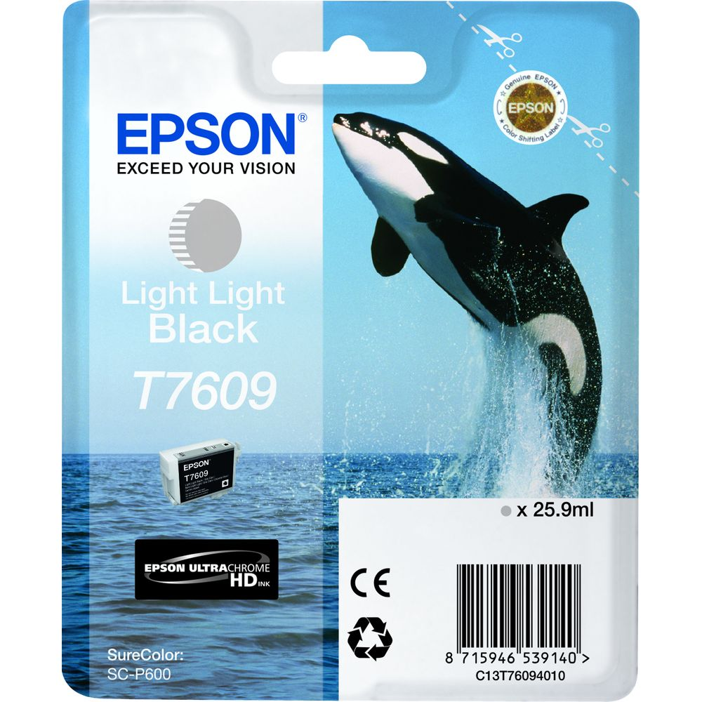 Epson Tintenpatrone Verpackung mit einem springenden Schwertwal über dem Meer.