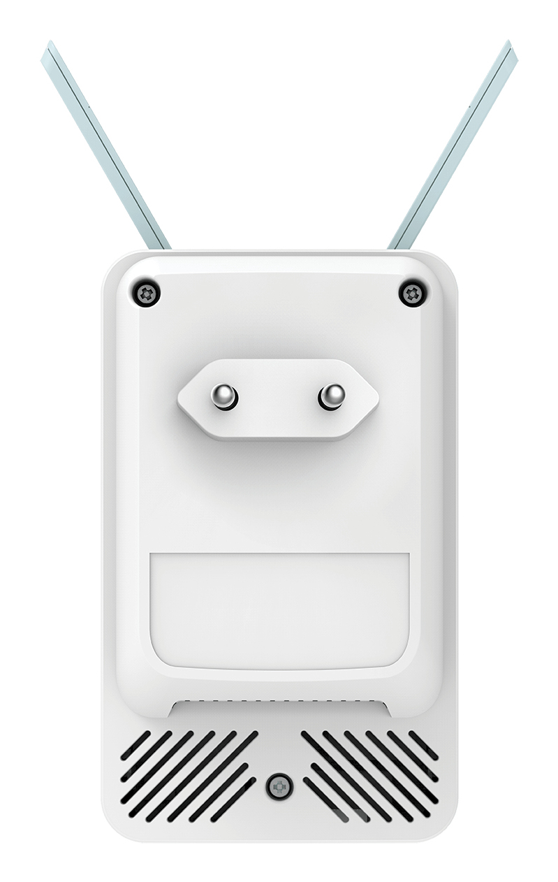 Ein weißes Steckdosen-Smart-Gerät mit zwei Antennen und einem Stecker auf der Rückseite vor weißem Hintergrund.