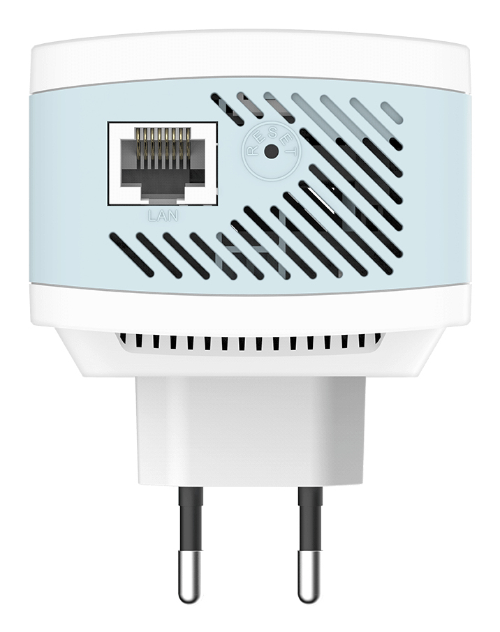 Ein weiß-hellblauer Smart Plug mit LAN-Anschluss, Reset-Taste und europäischen Steckern.