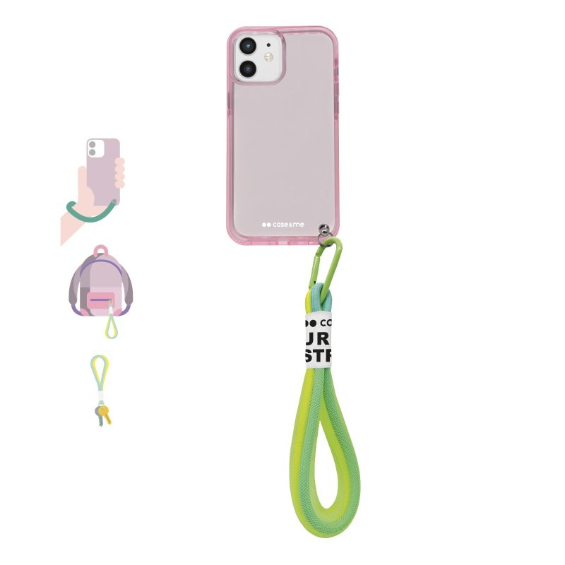 Un teléfono rosa con funda protectora, una correa verde y ejemplos de uso.