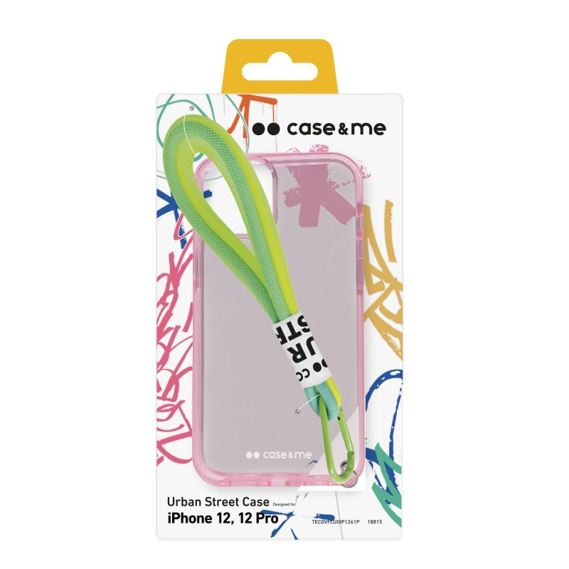 Funda transparente para iPhone 12/12 Pro con correa verde neón en su empaque sobre un fondo abstracto.