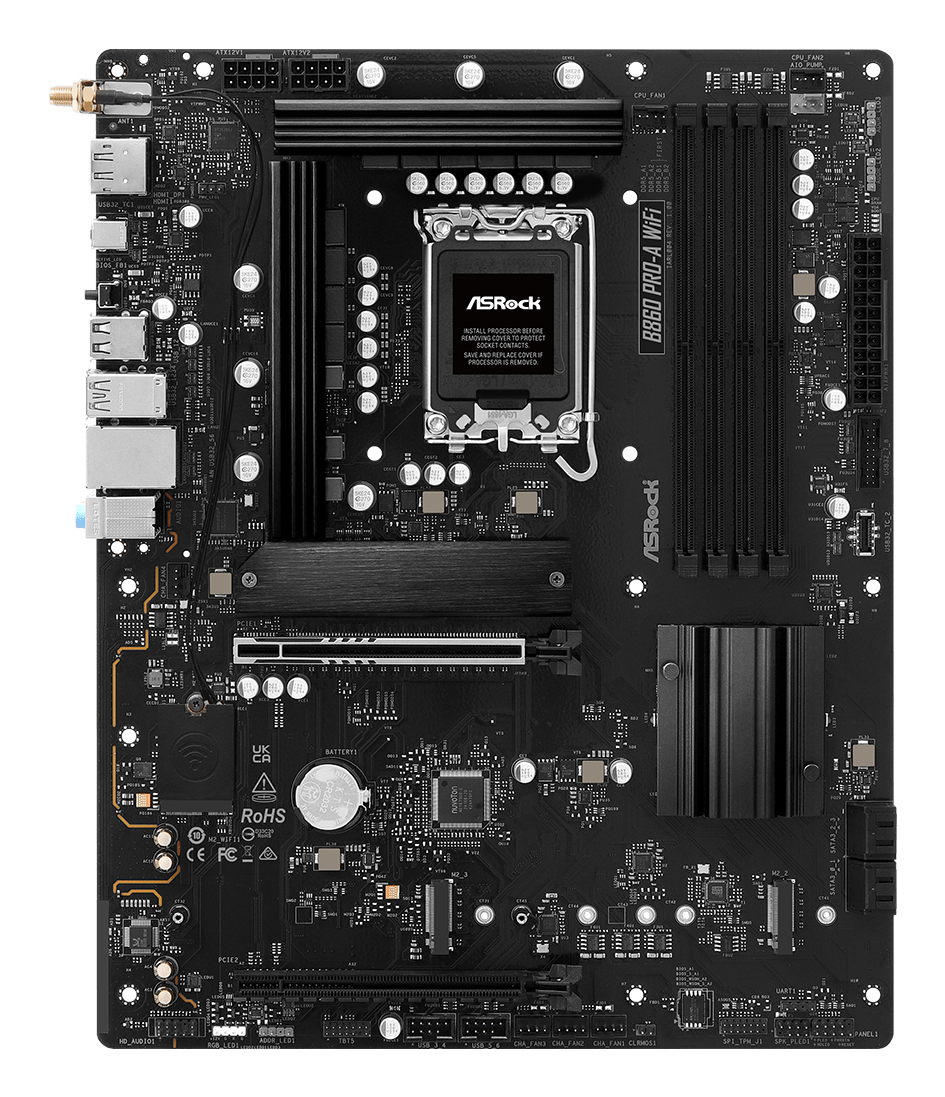 Ein schwarzes ASRock B660 Pro A WiFi Mainboard mit CPU-Sockel, RAM-Steckplätzen und Kühlkörpern.