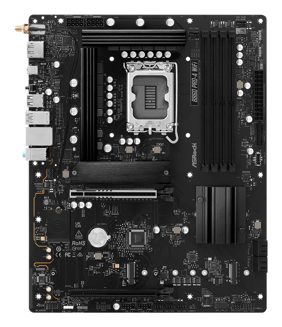 Schwarzes ASRock B860 PRO-A WiFi Motherboard mit CPU-Sockel, RAM-Steckplätzen und Anschlüssen.