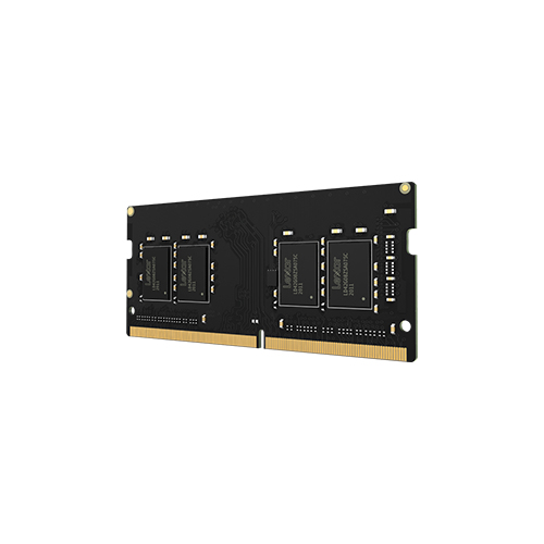 Un módulo de memoria RAM negro con conectores dorados y cuatro chips en un fondo blanco.