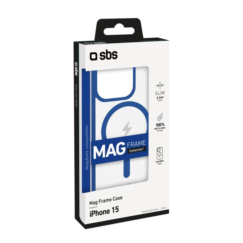 Empaque de funda azul Mag Frame para iPhone 15 con logotipo sbs e iconos.