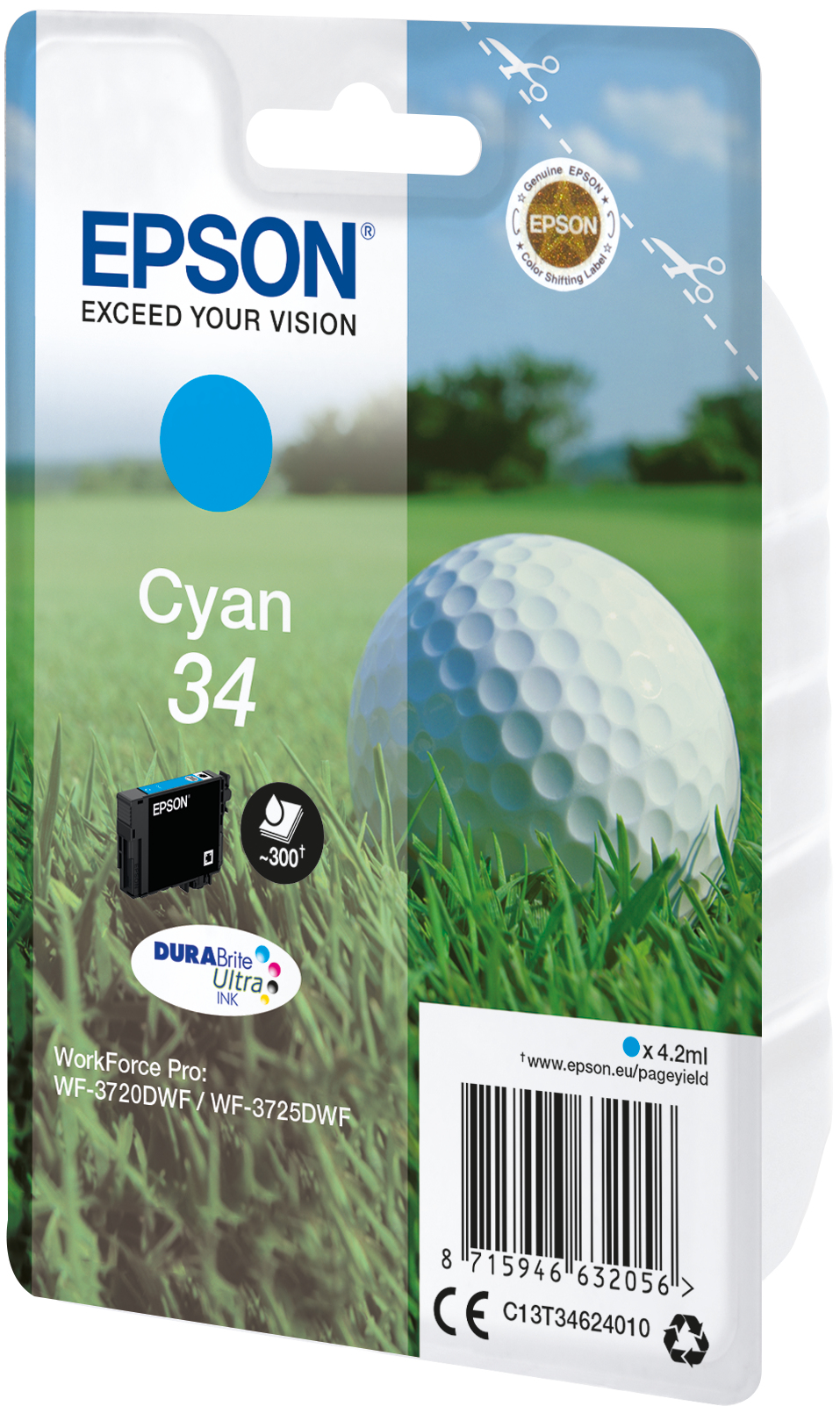Epson Cyan 34 Tintenpatrone Verpackung mit Golfball auf Gras.