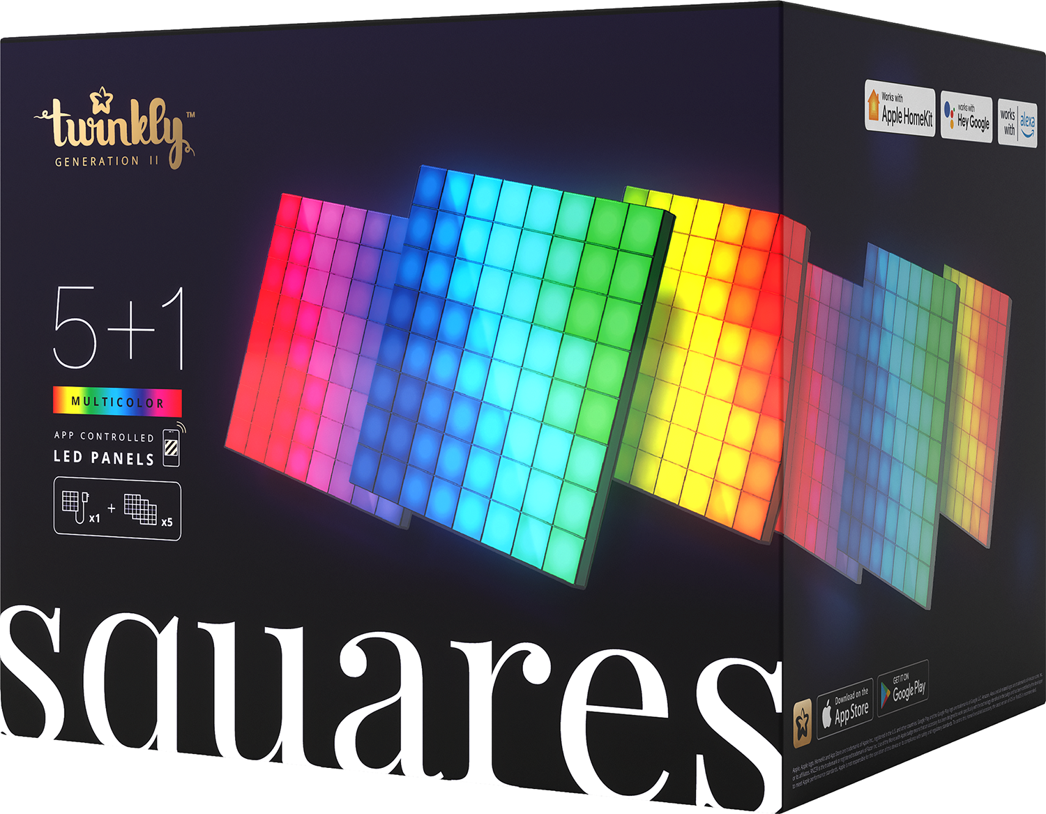 Verpackung von Twinkly Squares App-gesteuerten LED-Panels mit leuchtenden farbigen Kacheln.
