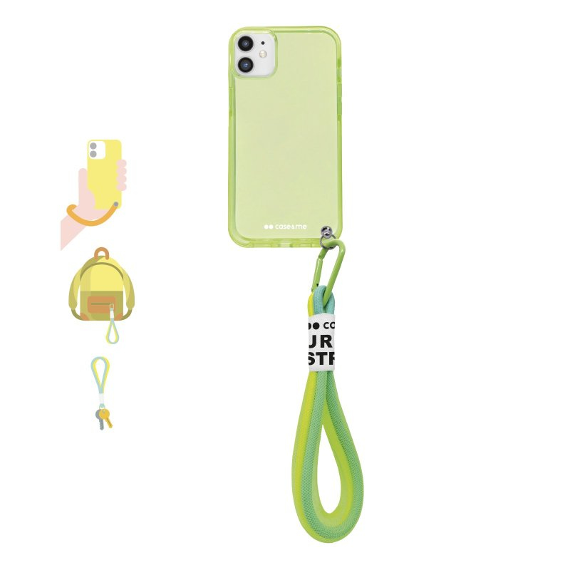 Funda de teléfono verde claro con correa verde y mosquetón a juego. Pequeños iconos a la izquierda.