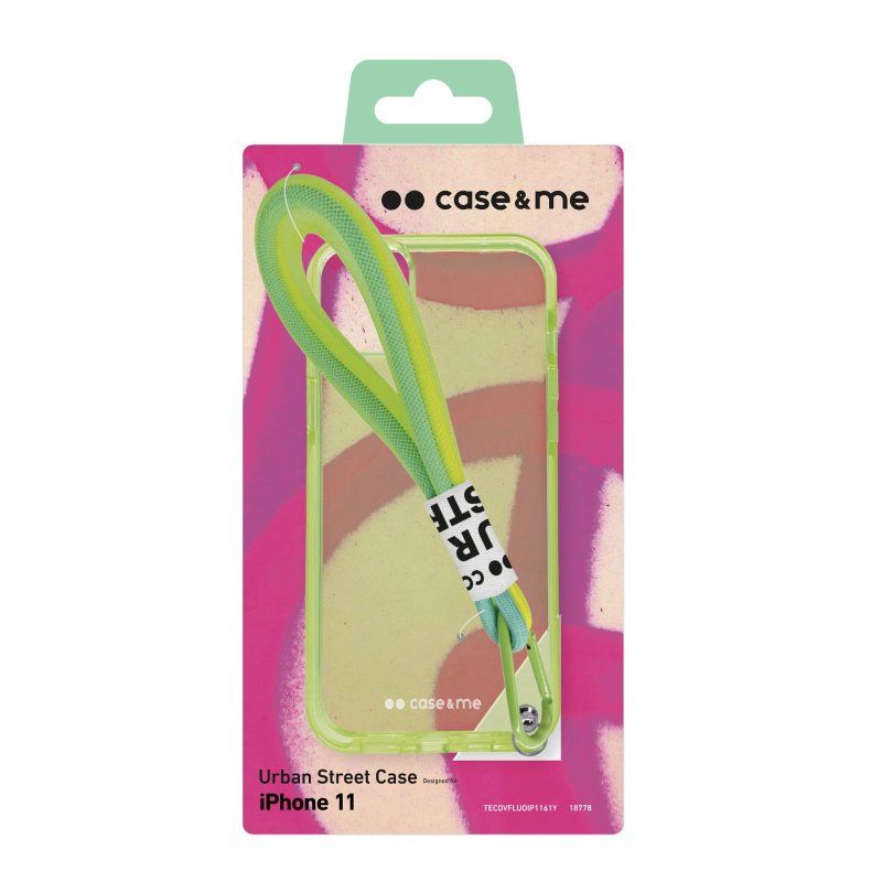 Funda verde Urban Street para iPhone 11 con correa a juego en embalaje colorido.