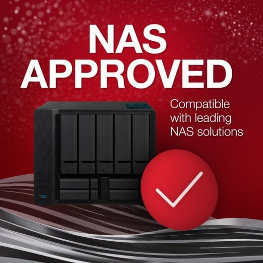 Black NAS device on red background with white text NAS APPROVED and a red circle with checkmark.
