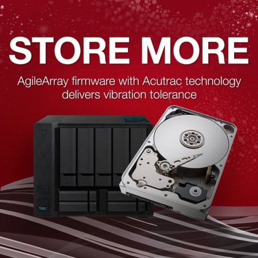 Promotional image for NAS storage with hard drive on red background and text.