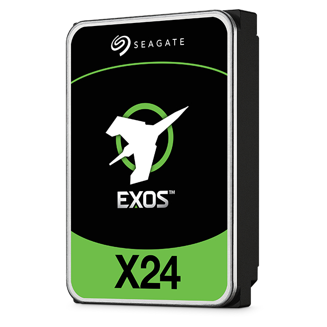 A Seagate Exos X24 hard drive is shown upright on a white background, featuring a green and black label.