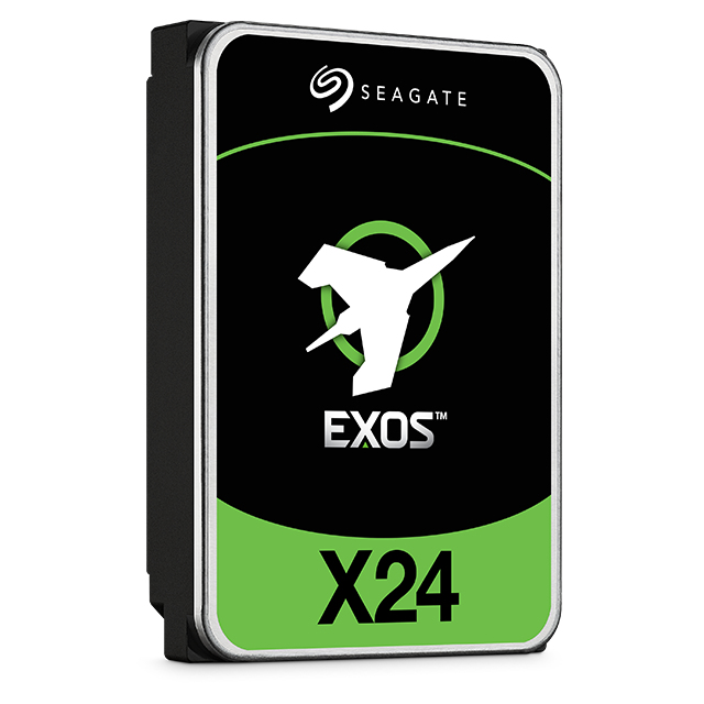 Seagate Exos X24 enterprise hard drive with a black and green label on a white background.