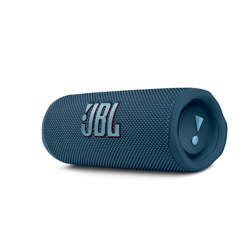 A blue wireless JBL speaker with a white logo sits horizontally on a white background.
