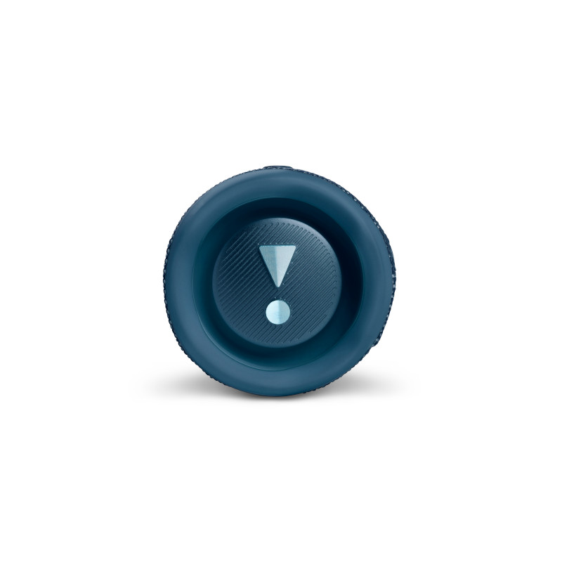The dark round end cap of a portable Bluetooth speaker featuring a blue logo.