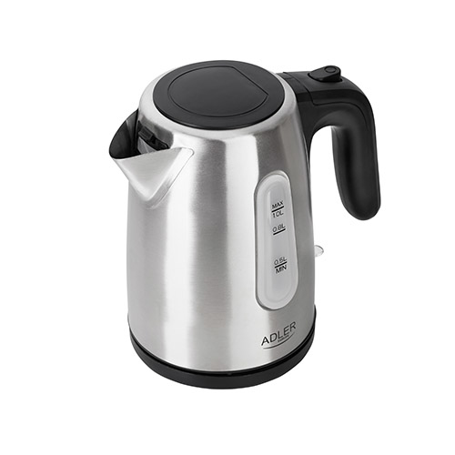 A silver stainless steel electric kettle with a black handle and lid, standing on a white surface.
