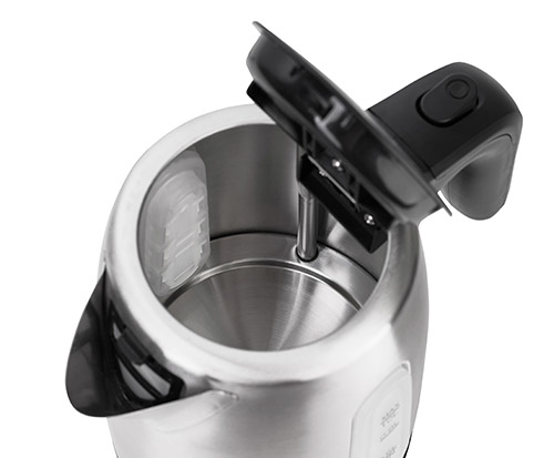 Stainless steel kettle with open lid, revealing the inner bottom and water level indicator in the background.