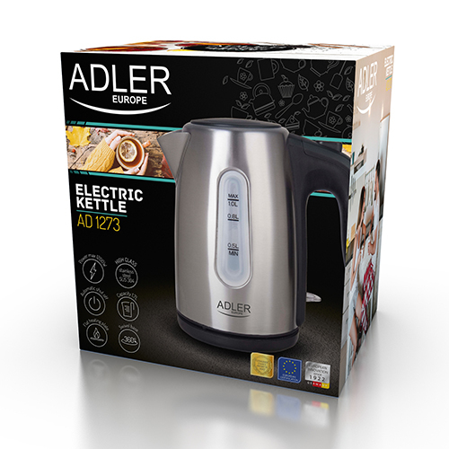 Silver Adler electric kettle displayed on a colorful product box.