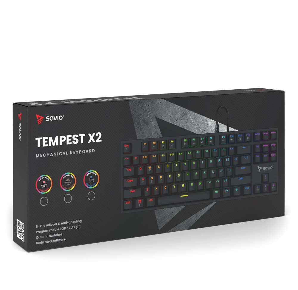 Packaging for the Savio Tempest X2 mechanical keyboard with RGB backlight and black design.