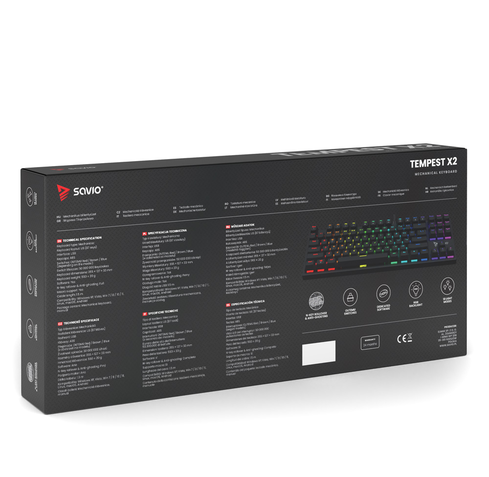 Back of a Savio Tempest X2 keyboard box displaying technical specs and product image.