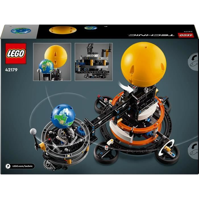 Tył pudełka LEGO Technic przedstawia złożony model orbity Ziemi i Słońca.