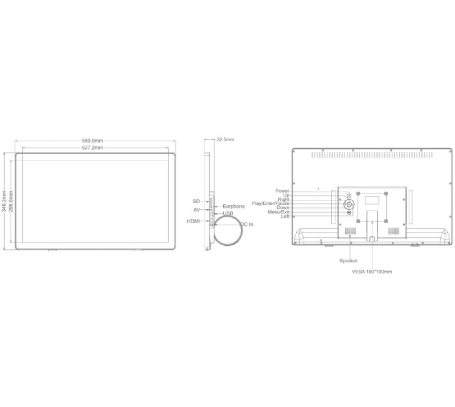 Technische Zeichnung eines Monitors mit Maßen, Anschlüssen und Bedientasten.