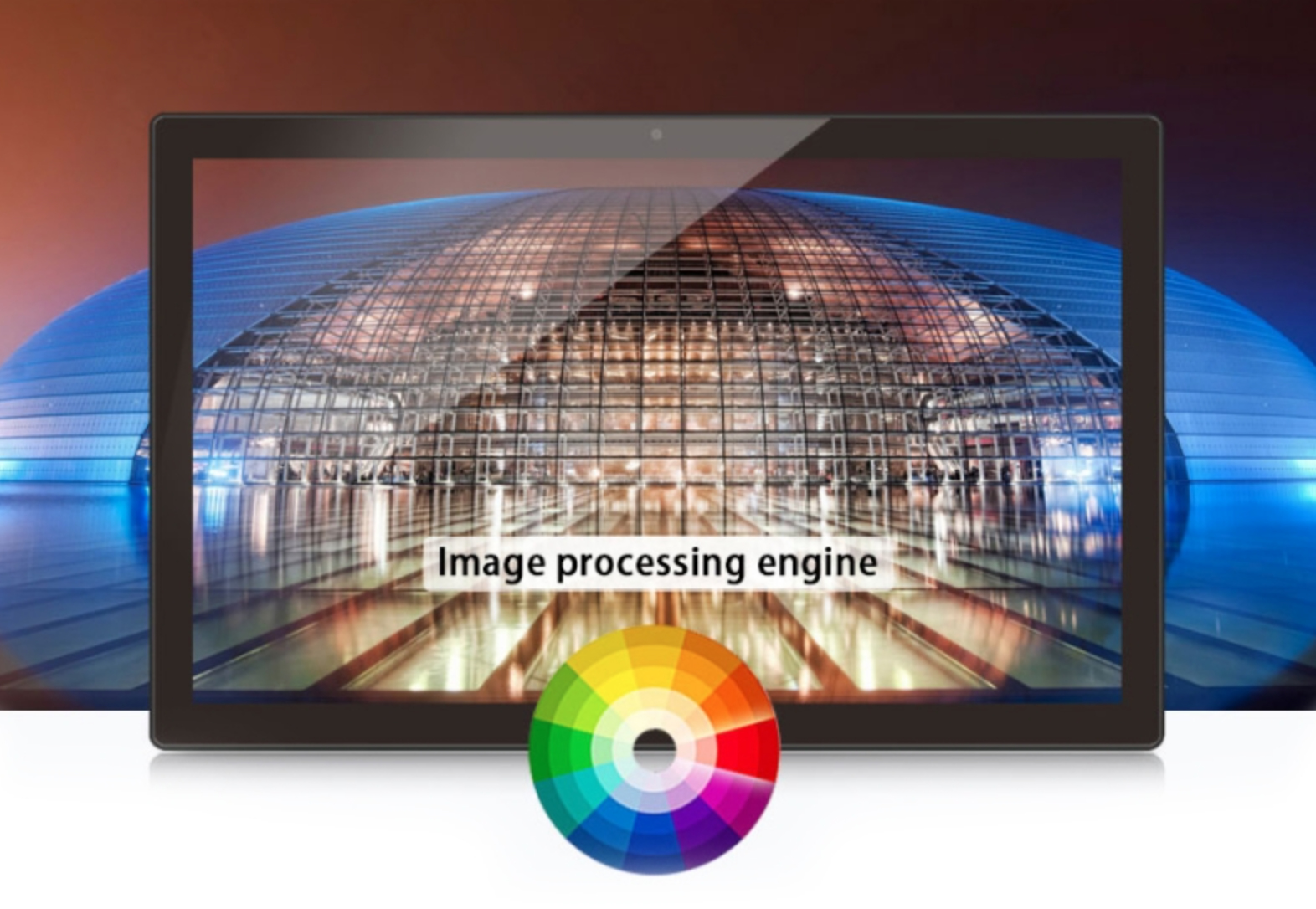 Ein Tablet zeigt eine farbenfrohe Kuppelarchitektur mit der Aufschrift 'Image processing engine' und einem Farbkreis.