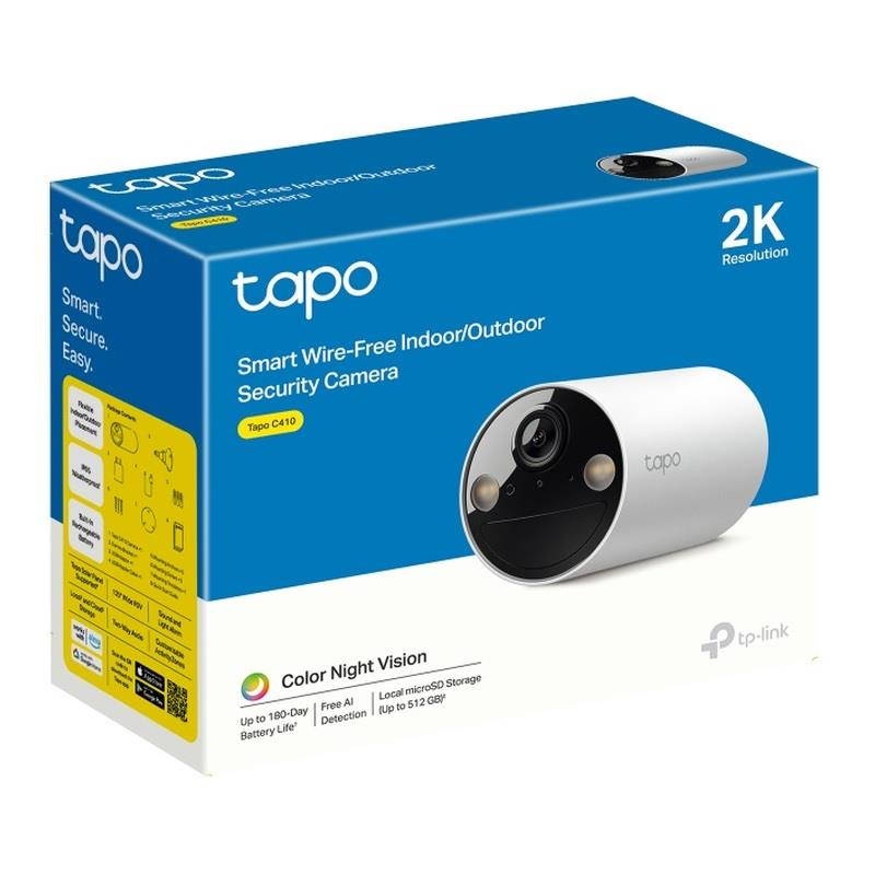 Confezione blu e bianca per una telecamera di sicurezza da interni/esterni Tapo Smart Wire-Free con immagine del prodotto.
