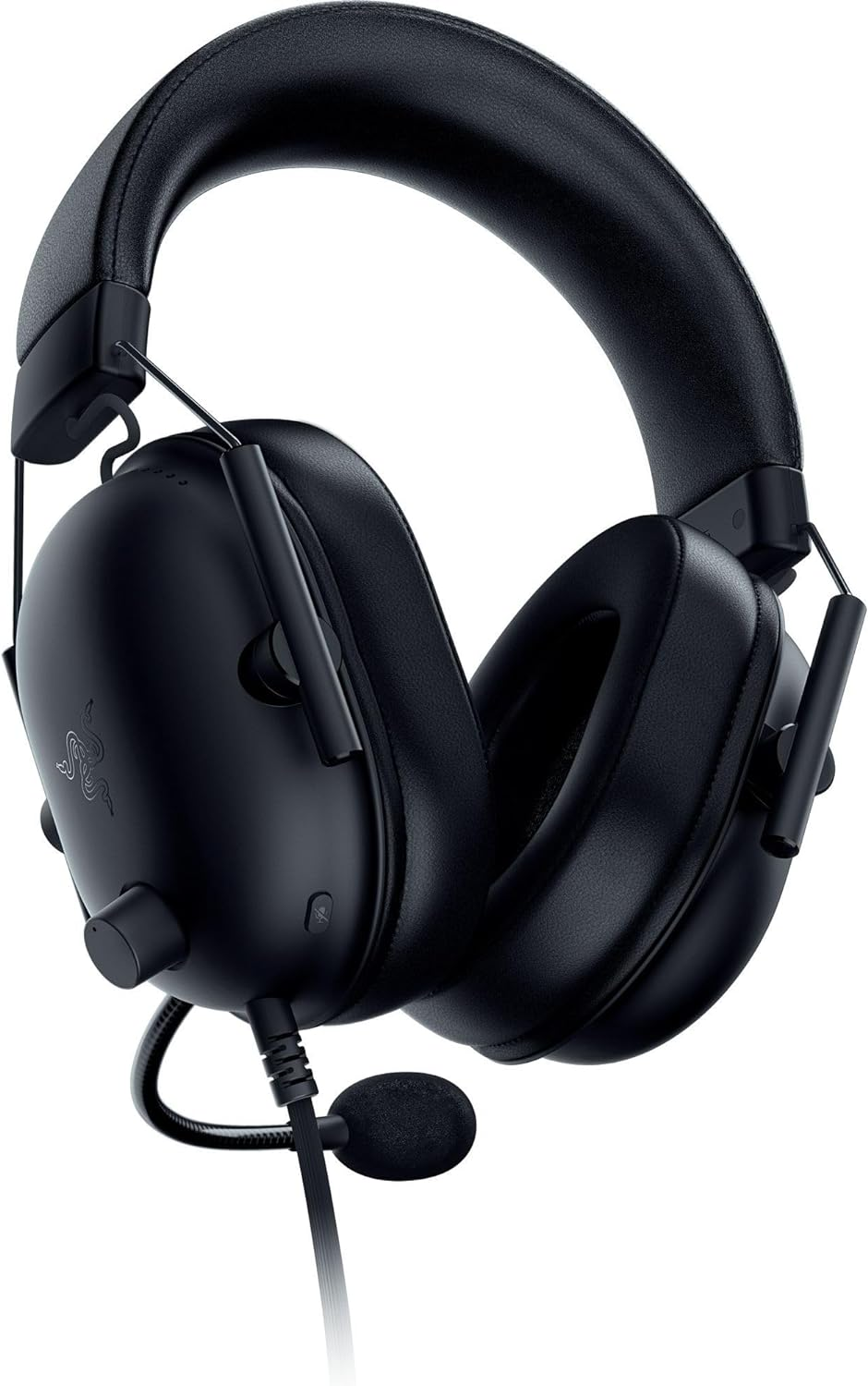 Cuffie da gioco over-ear nere con archetto imbottito, cuscinetti auricolari e microfono collegato su sfondo bianco.