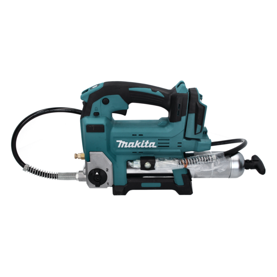 Ingrassatore a batteria Makita verde acqua e nero con tubo su sfondo bianco.
