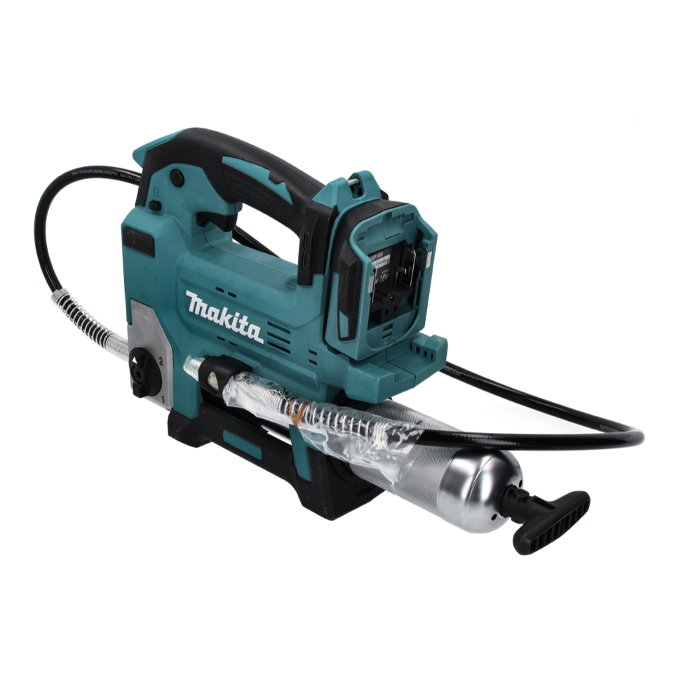 Ingrassatore a batteria Makita turchese e nero con tubo flessibile attaccato su sfondo bianco.