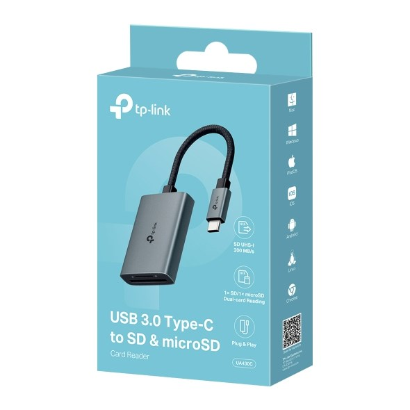 Turkusowe opakowanie czytnika kart SD USB-C TP-Link przedstawiające adapter.