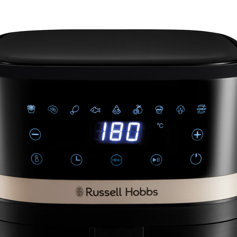 Display digitale di una friggitrice ad aria nera Russell Hobbs con pulsanti touch blu illuminati che mostrano 180 gradi.