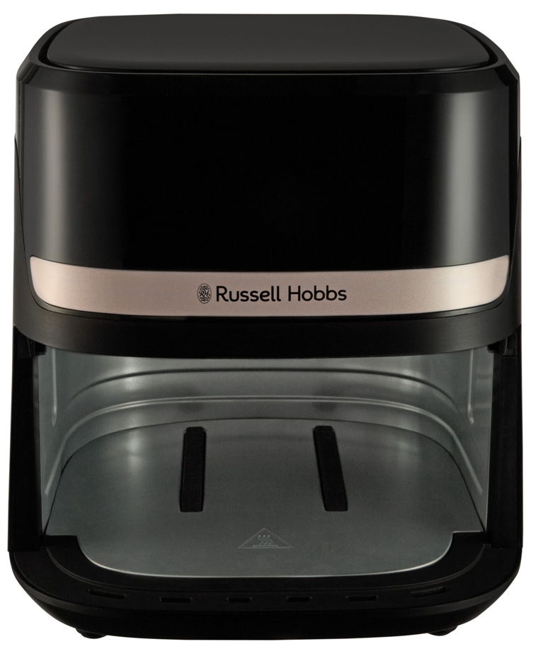 Friggitrice ad aria Russell Hobbs nera con scomparto aperto su sfondo bianco.