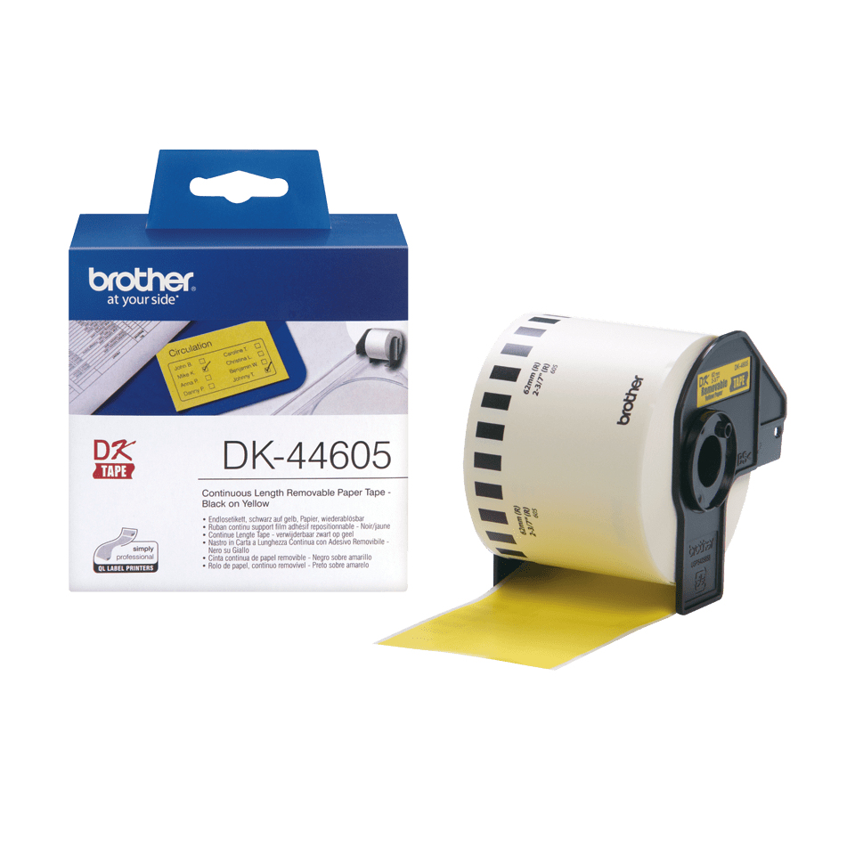 Scatola e rotolo di nastro in carta continuo Brother DK-44605 con supporto giallo su sfondo bianco.
