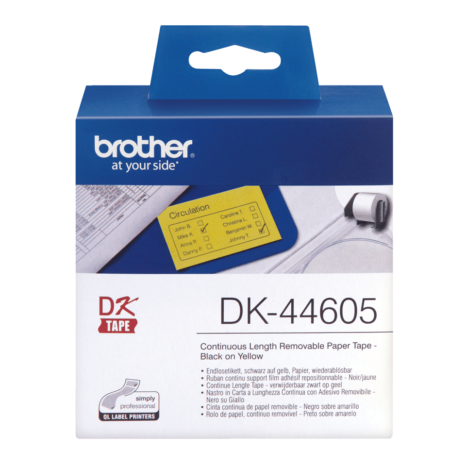 Scatola nastro etichette Brother DK-44605, carta rimovibile, nero su giallo.