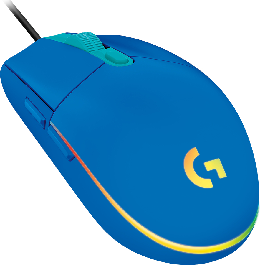 Blue wired computer mouse with turquoise scroll wheel and illuminated logo.